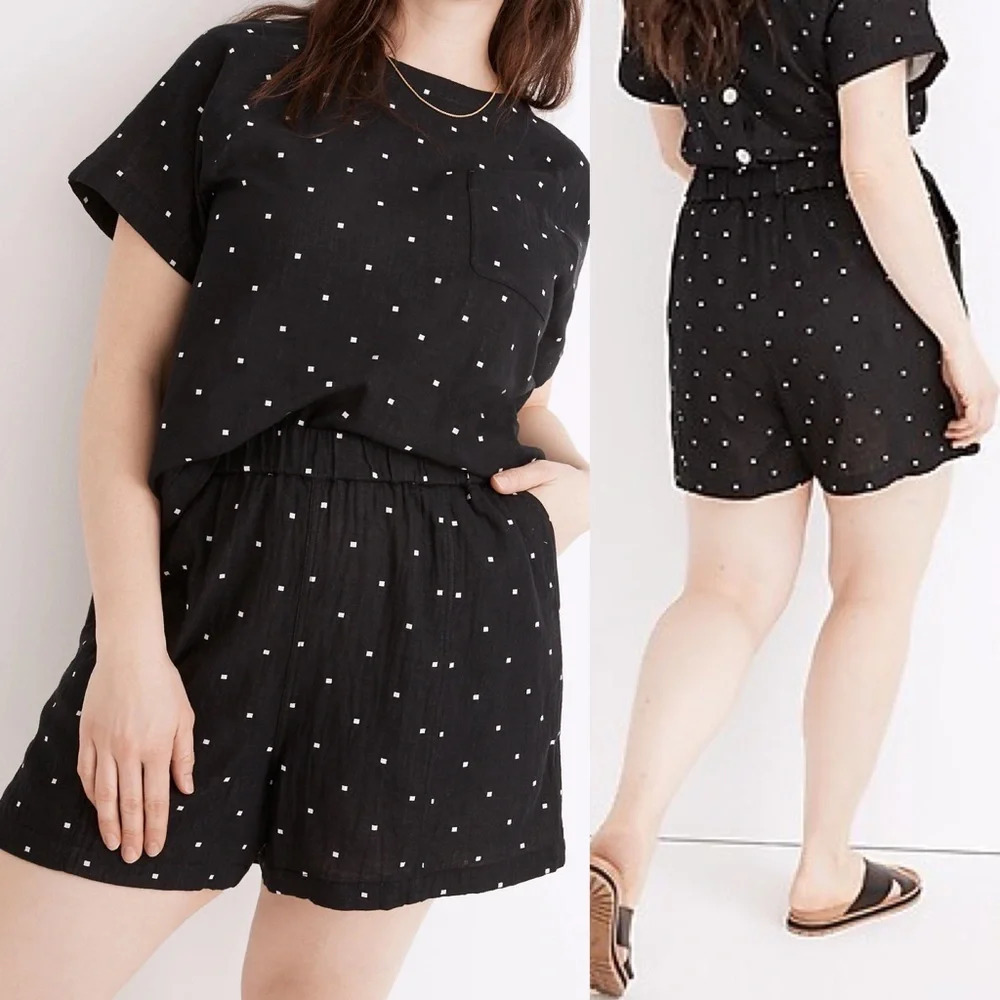 ✨NWT Madewell Black Jacquard Easy Pull On Elastic Waist Shorts Square Spot Small